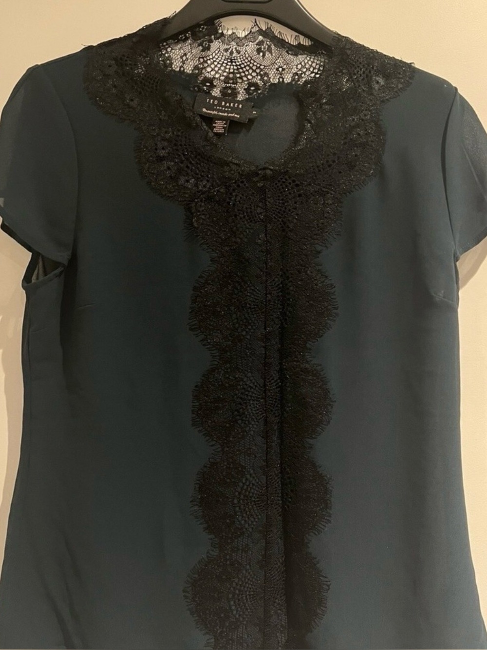 Ted BakerSilk Dark Green Short Sleeve Top with Crochet Lace Trim